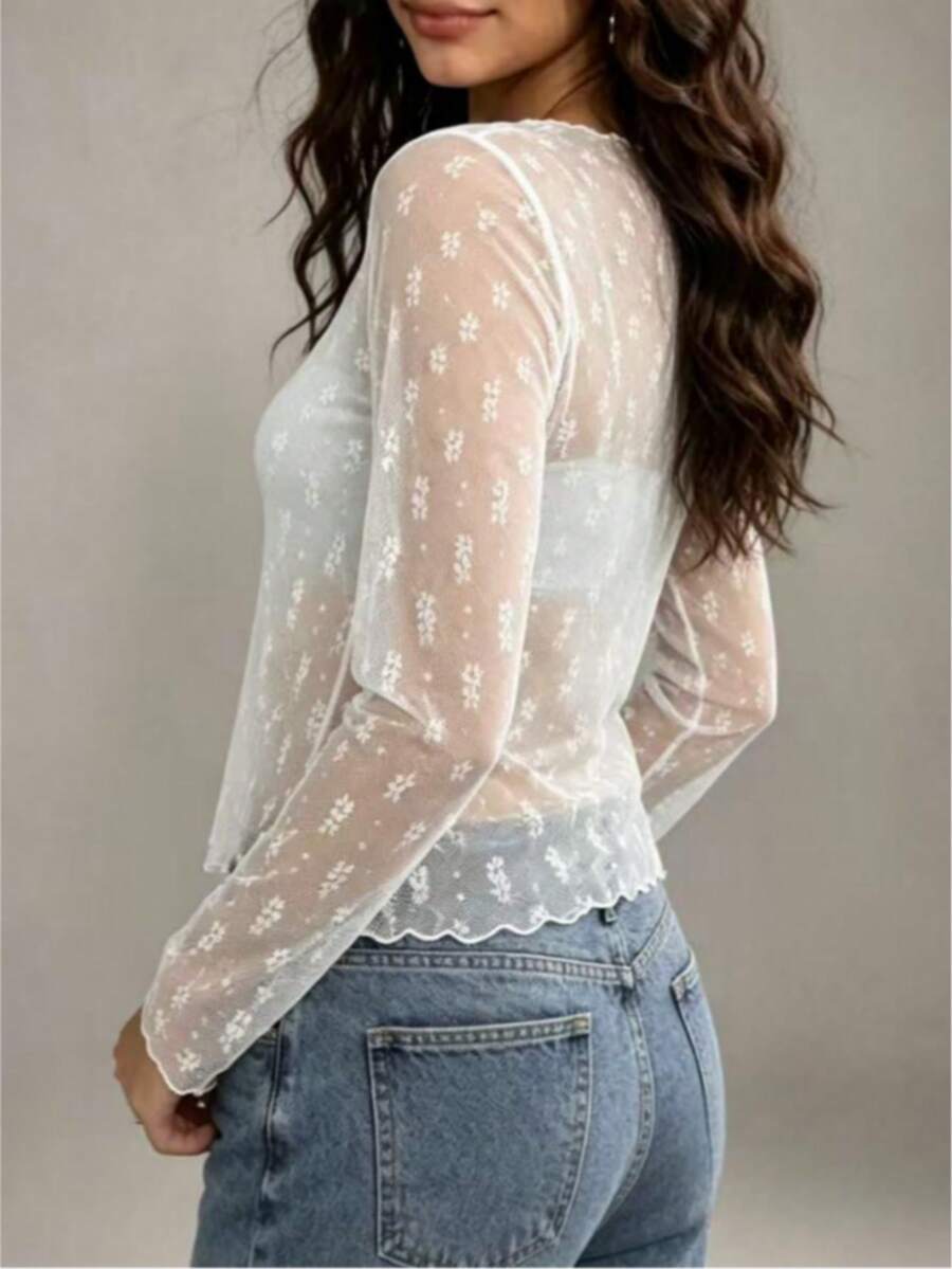 Elegant White Floral Lace Mesh Long Sleeve Sheer Blouse, Casual Daily Wear For Women Spring - White - View 1