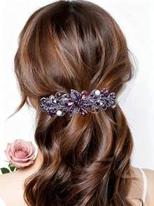 1 pieza Pinza para el cabello de mujer con flores multicolor de aleación y rhinestones, pinza de resorte retro adecuada para uso diario, accesorio para el cabello, regalo de cumpleaños - Multicolor - Ver 1