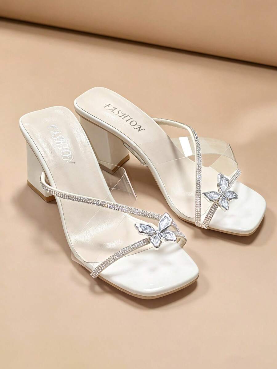 French Bow Thick Heel Slippers For Women, New Summer Outdoor Elegant Crystal High Heel Sandals - Apricot - View 1
