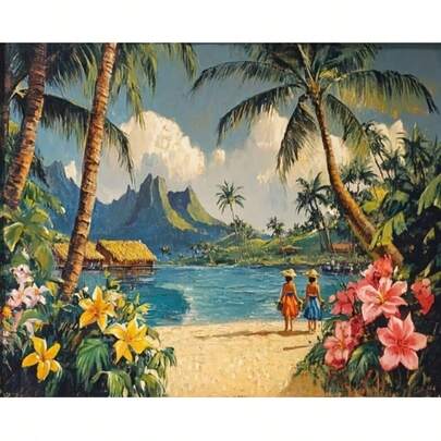 Tranh đính kim cương tự làm theo chủ đề Kỳ nghỉ Hawaii thời Trung cổ, kim cương tròn, không khung, tranh trang trí nghệ thuật phong cách cổ điển hiện đại, trang trí tường trong nhà/ngoài trời, phù hợp cho nhà riêng, văn phòng, phòng khách, phòng ngủ, phòng ăn, nhà bếp - trang trí theo mùa xuân/hè, nhiều kích cỡ khác nhau.