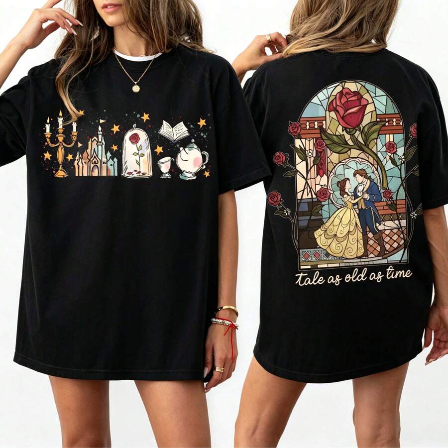 Loose Oversize Retro Shirt, Tale As Old As Time Shirt, Enchanted Rose Shirt, Princess Disney, Princess Reading Book, Disney Parks - Black - View 1