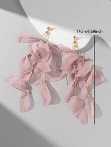 1 Pair Pink Elegant Fabric Crystal Leaf Design Long Earrings, Suitable For Vacation Wear (Bead Color Random) - Pink 1340 - View 2