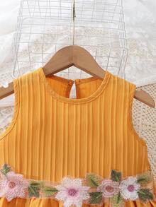 2pcs/Set Girls' Summer Sleeveless Top And Shorts Set, Fashionable Lace Ruffle Design, Comfortable Breathable, Essential For Outdoor Wear - Yellow - View 3