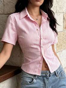 Women's Striped Short Sleeve Button Down Shirts Business Work Fitted Collared Blouse - 粉色 - 查看 3