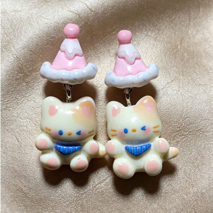 一对2只可爱卡通猫咪耳环，精致小巧，适合女性，约会专属 - 彩色 - 查看 1