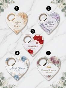 Custom Wedding Heart Fridge Magnet Bottle Opener, Personalized Couple Name Magnetic Keepsake, Wedding Favor Bottle Opener, Custom Date Commemorative Opener,Acrylic Heart Body, Metal Bottle Opener, Strong Magnet Back, 5 Floral Watercolor Prints, Customizable Text/Name/Date,Newlyweds - Heart-shaped 4 - View 6