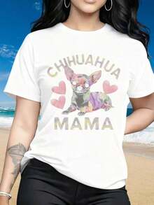 Soft Cotton Women's T-Shirt, Short-Sleeved Crew Neck Tee, "Chihuahua Mama" Tee With Cute Dog And Heart Design For Women, A Gift For Pet Lovers. Fun Prints Are Suitable For Valentine's Day, Christmas Parties, Sports Activities, Holiday Parties, Outings, Sports, And Other Festive Gifts. - 白色 - 查看 6