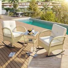 Rattan Balcony Furniture Set (3 Pieces), Balcony Rocking Chair With Beige Cushions, Load Capacity 160 Kg - 米色 - 查看 3