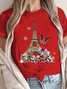 Unisex Size. Plus Size Women's Cotton T-Shirt, Casual Summer Style. Short-Sleeved T-Shirt With Eiffel Tower And Butterfly Design, Round Neck, Regular Length, All-Season Top, Everyday Fashion. | Paris Theme | Butterfly Graphi. Sweat-Absorbing Material, Soft And Skin-Friendly. - 紅色 - 查看 3