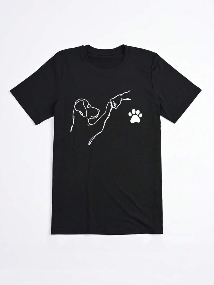 Camiseta Negra con Estampado de Perro y Huella para Mujer Verano Casual - Negro - Añade 2