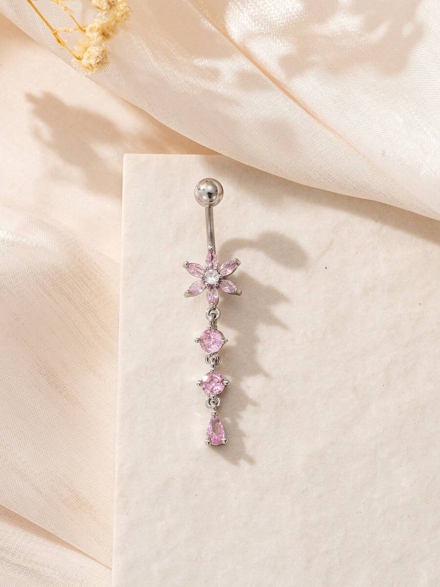 1件优雅闪亮立方氧化锆花朵造型肚脐环,适合女性日常、约会、派对佩戴 - 銀色 - 查看 1