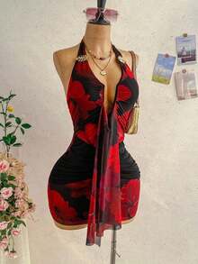 Vestido mini casual de vacaciones para mujer con escote en V profundo, cuello halter con lazo, y drapeado.Adecuado para la playa, cruceros y festivales de música en verano - Negro - Ver 8