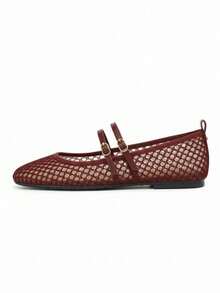 Women's Round Toe Mesh Buckle Flat Ballet Shoes, New Casual Versatile Design, Summer Shoes - Burgundy - View 3