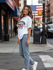 Printed Style, Without Diamonds,USA 250th Anniversary Shirts,Birthday America 250 Years Of Freedom Outfit,Patriotic Independence Day T-Shirt,America 1776-2026 Shirts,Retro Freedom Outfit Summer Outfits For Women,Vacation Outfits Women,Elegantes - 白色 - 查看 6