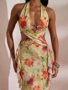 Women's Floral Print Halter Criss-Cross Wrap Sleeveless Dress, Resort Dresses For Women, Sexy Outfits For Women, Vacation Outfits ,Sexy Outfits For Women, Elegant Dress For Women,Date ,Going Out, Party, Club Outfits, Women Concert Dress,For Autumn And Winter, Mermaid, Bohemian Outfits, Ibiza Outfits, Western Style - 綠色 - 查看 2