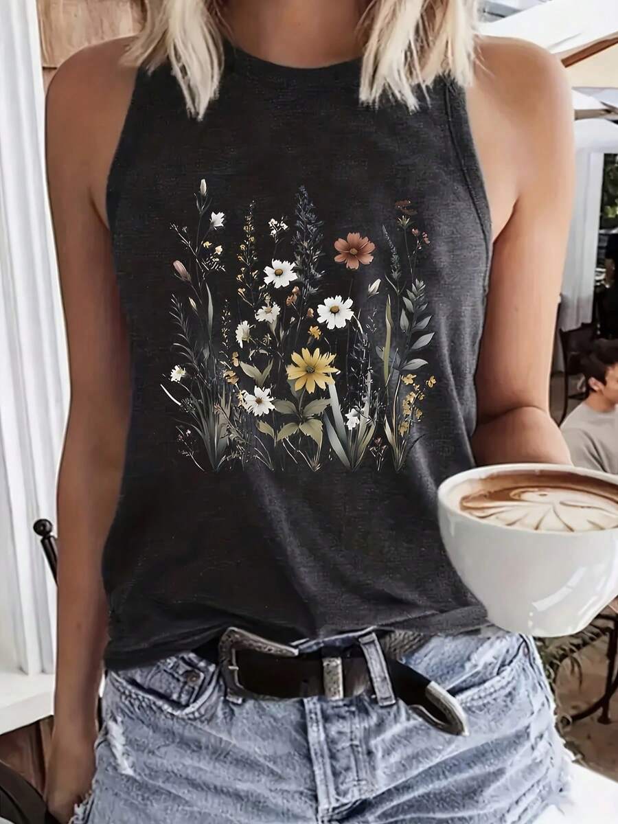 Women Sleeveless Tank Top, Vintage Wildflower Print, Racerback Loose Fit, Soft Cotton Mid-Length Vest; Boho, Daily/Vacation/Layering Casual Wear - 深灰色 - 查看 1