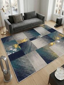 1pc Large Size Living Room Carpet With Blue-Green Color Block Patchwork Pattern, Fresh Spring/Summer Design, Soft & Comfortable Texture, Easy Care, Non-Slip Bottom, Suitable For Living Room, Bedroom, Kitchen, Dining Room, Entryway, Office And Other Home Decor - Teal Blue - View 4