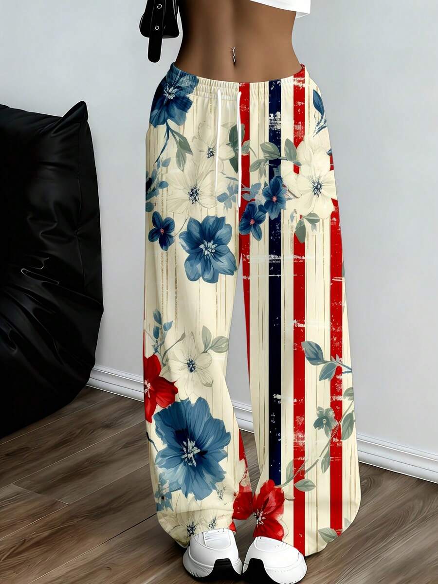 Floral And Stripe Pattern Wide Leg Pants With Elastic Waistband Suitable For Casual And Sport Activities - 白色 - 查看 1
