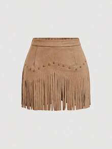 Falda A-Line de ante negro con remaches y flecos estilo hippie vintage para mujer, falda de otoño, atuendos de Nashville, falda de pirata - Caqui - Ver 1