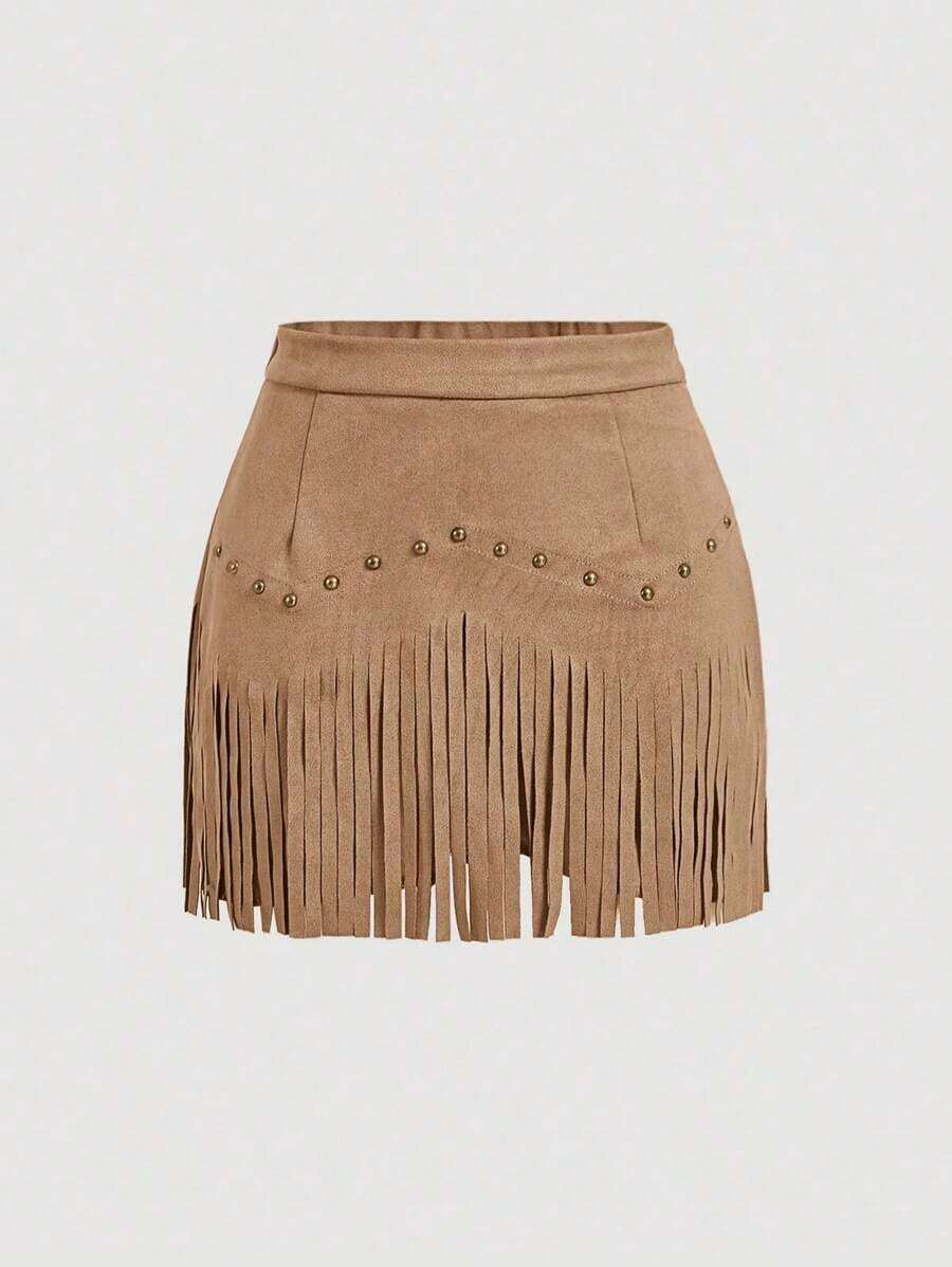 Falda A-Line de ante negro con remaches y flecos estilo hippie vintage para mujer, falda de otoño, atuendos de Nashville, falda de pirata - Caqui - Ver 1