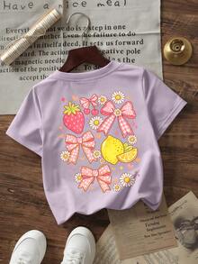 Girls' Cute Fruit & Bow Print Short Sleeve Round Neck Casual T-Shirt - Mauve Purple - View 3