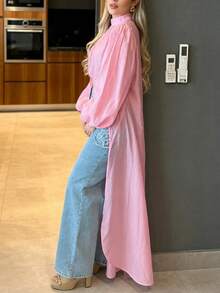 Women Chiffon Duster Asymmetrical Long Tail Shirt Short Front Long Back Cover Up Dress Cape Sleeve High Low Tops - 粉色 - 查看 4