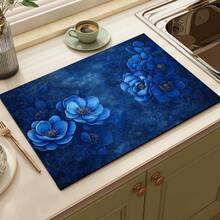 1pc Blue Floral Print Absorbent Mat/Drying Mat For Coffee Maker, Dishes - Polyester Absorbent Desktop Protective Mat With Rubber Anti-Slip Pad, For Kitchen Counter Decor, Home Bar And Dining Table - Multicolor - View 5