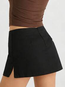 Women's Solid Color Low Waist Slit Sports Mini Skirt Black Spring - Black - View 2