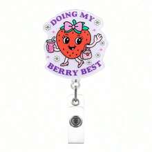 Porta-crachá retrátil com clipe giratório tipo jacaré, estampa de morango "Doing My Berry Best", ideal para consultórios médicos, residências, consultórios de pediatras e como presente para enfermeiros. - Multicolorido - Ver 2