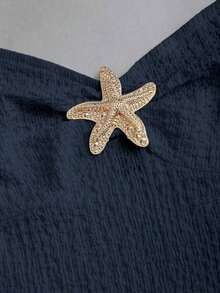 Nuevo vestido de playa romántico y vacacional para mujer con cuello halter, corbata en el cuello, decoración de estrella dorada, doble capa de volantes y corte evasé en color albaricoque, adecuado para tomar el té por la tarde o un picnic en el parque - Azul marino - Ver 7