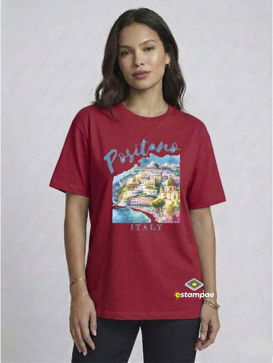Stylish Women's Printed T-Shirt Italy New Release 100% Cotton Loose Oversized Plus Size T-Shirt - Estampaê - Red - View 1