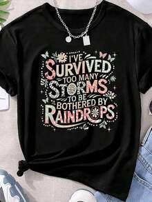 "Too Many Storms" Plus Size Short Sleeve T-Shirts - 黑色 - 查看 1