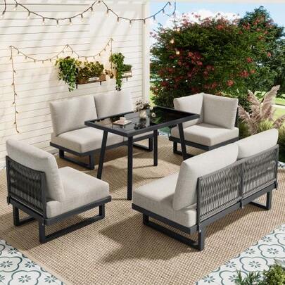 Garten-Essgruppe,Gartenmöbel-Set, Garten-Loungesessel-Set, Ecksofa, Outdoor-Relaxbett, Esstisch,Kann In Ein Liegebett Umgewandelt Werden, Verzinkter Stahl, Graubeige