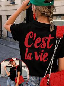 GiftGiftGraphic Tees Camiseta de manga corta para mujer, estampado frontal y trasero, estampado de letras estilo europeo y americano, cuello redondo, estilo verano/primavera, holgada, sexy, dulce y linda para mujer, camiseta de diseño moderno y sencillo, adecuada para que las mujeres la usen en citas y reuniones, camiseta de manga corta estilo urbano para mujer, tela ligera y transpirable, 100% algodón. - Negro - Ver 4