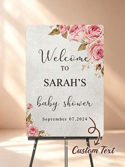 Placa de Boas-Vindas Personalizada com Flores Rosas para Casamento, Chá de Panela e Festa de Aniversário - Opção de Nome Personalizado, Material PVC, Superfície com Glitter Rosa, Decoração de Festa Personalizada, Adequada para Revelação de Gênero