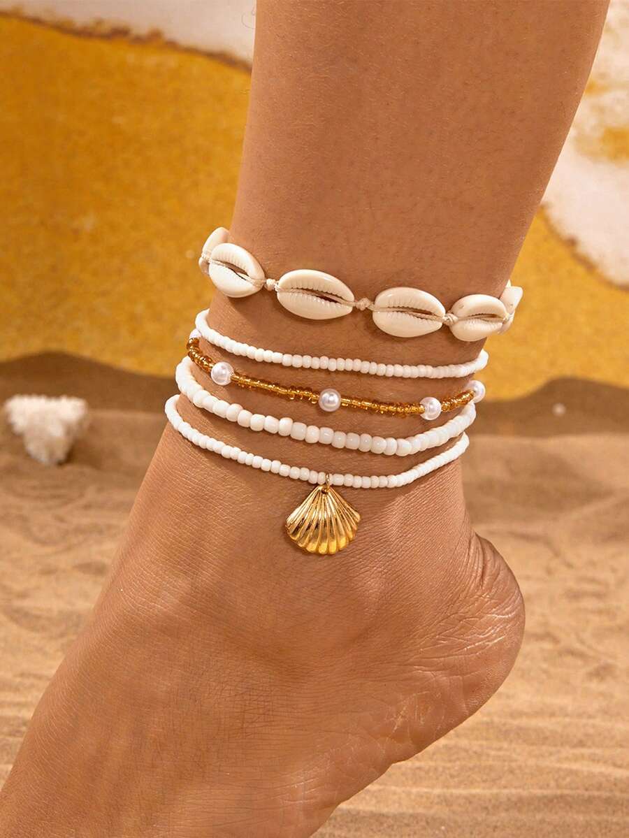 Bộ 5 chiếc vòng chân kiểu Boho hình vỏ sò thời trang và đơn giản, phù hợp cho kỳ nghỉ biển. - Nhiều màu - Xem 1