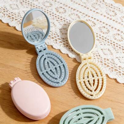 1pc Foldable Mirror Hairbrush, Pink/Green/Yellow Available, 2-In-1 Portable Air Cushion Comb With Mirror, Mini Travel Hair Brush, Cute Pocket Hair Comb Makeup Tool