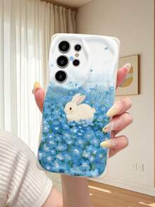 1 pieza Funda protectora de teléfono a prueba de golpes y antideslizante con textura de crema blanca y diseño de conejo azul lindo, compatible con iPhone, Honor - Beis - Ver 6