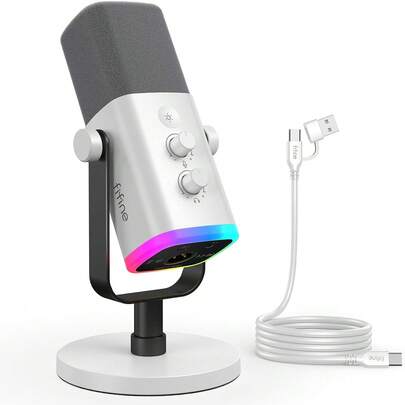  XLR/USB 游戏麦克风，适用于直播、播客、PC 电脑 RGB 麦克风，带增益旋钮、静音按钮、监听接口，游戏麦克风，适用于录制视频创作 - FIFINE AM8W（全球版）