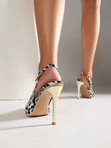 Fashionable Sexy Stiletto High Heel Pointed Toe Leopard Print Patent Leather Strap Buckle Women Sandals, Spring/Summer - Leopard White - View 3