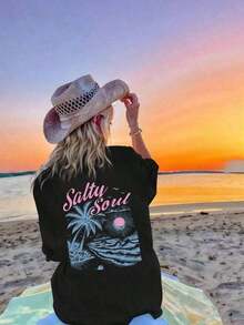 Set 2026 New Arrival Women's High Quality Salty Soul Graphic T-Shirt, Premium Cotton Vintage Washed Oversized Tee With Palm Tree & Beach Print, Casual Short Sleeve Top Perfect For Spring & Autumn, Spring Break, Back To School And Seaside Vacation Getaways Pure Cotton Short Sleeve Shirt - 黑色 - 查看 2