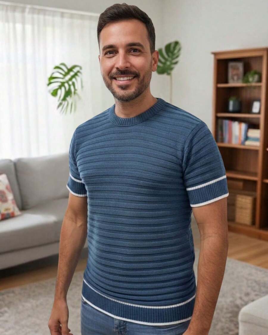 Basic Two-Tone Knit Shirt, Short Sleeve, Ribbed, Stylish Summer Knit T-Shirt, Men's Blouse - Blue Jeans - View 1