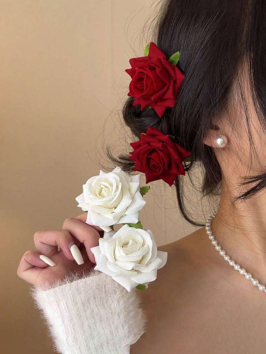 Bộ 4/2/1 kẹp tóc hoa hồng trắng và đỏ phong cách Bohemian, phụ kiện tóc hoa văn cổ điển sang trọng, kẹp tóc thanh lịch tối giản đa năng, phù hợp cho sử dụng hàng ngày, thường ngày, dự tiệc, đi làm, đi nghỉ mát, rửa mặt, trang điểm, phối đồ, quà tặng ngày Valentine, du lịch, sinh nhật. - Nhiều màu - Xem 1