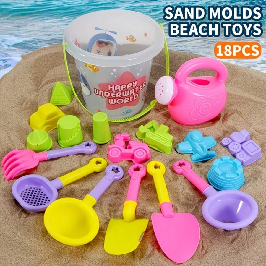 Beach Toy Set, 18pcs, Beach Toy Digging Tool Set, Includes Bucket, Shovel And Sand Mold, Random Color. Suitable For Summer Gift - 彩色 - 查看 1