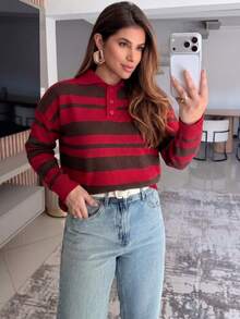 Striped Polo Shirt In High-Quality Modal Knit, Wide Leg, For Mother's Day - Red - View 1