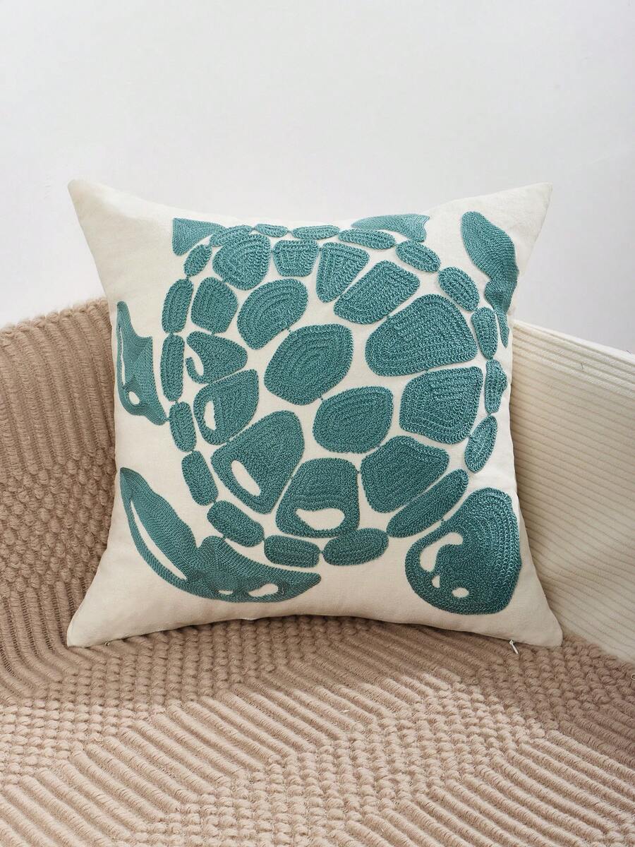 1 chiếc vỏ gối trang trí họa tiết rùa biển và sao biển mùa xuân/hè, chất liệu vải canvas thêu thủ công, phù hợp với nhiều loại đồ nội thất gia đình, không bao gồm ruột gối. - Rùa biển xanh - Xem 1