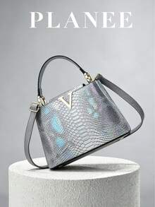 [PLANEE] Designer Retro Iridescent Women's Handbag, Hardware Accessories, 2-Way Tote Shoulder Crossbody Commuter Bag - Light Grey - View 5