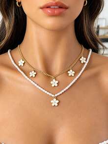 European And American Cross-Border Fashion Daily INS Style Cute Flower & Faux Pearl Necklace, Suitable For Daily, Party, Outing Wear, Gift For Friends - Gold - View 6