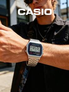Casio 卡西欧男士经典复古运动腕表 A159WA-N1，黑色表盘，不锈钢表带，日期显示，休闲配饰，男士礼物 - 黑色 - 查看 4