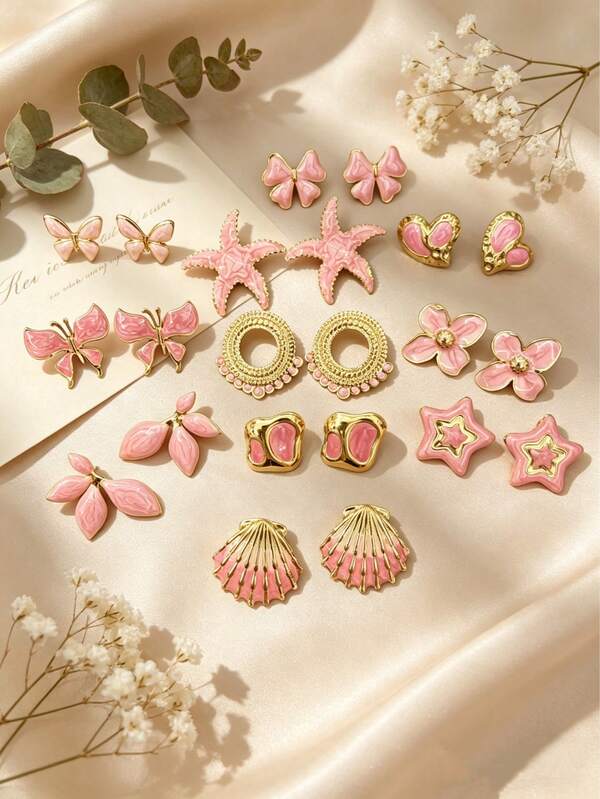 22 Stücke Set (11 Paar) von Bohemien-Stil sortierte roségoldplattierte Edelstahl-Ohrstecker für Frauen - Frische ozeaninspirierte Designs (Seesterne/Muscheln/Blumen/Schmetterlinge) - Hypoallergen - fotogen und vielseitig - perfekt für Musikfestivals, Strandurlaube und Partyoutfits